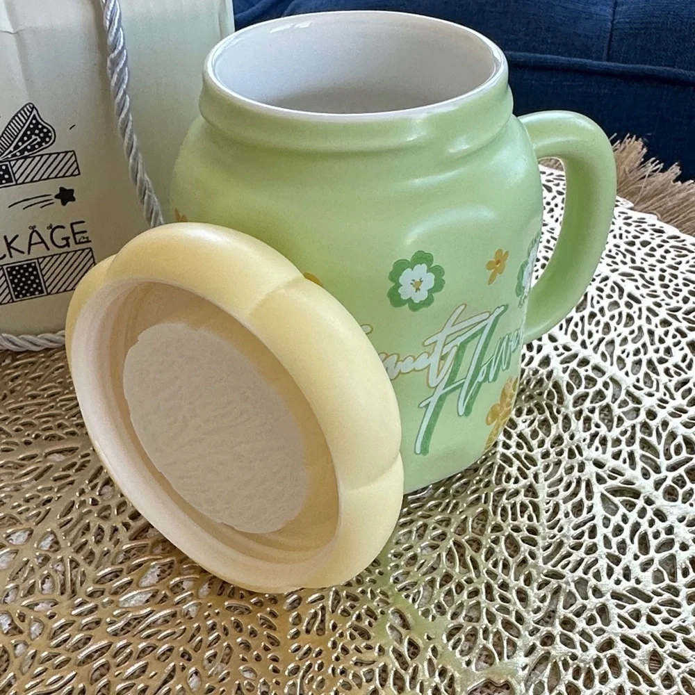 Green Floral Mug with Cream Lid
